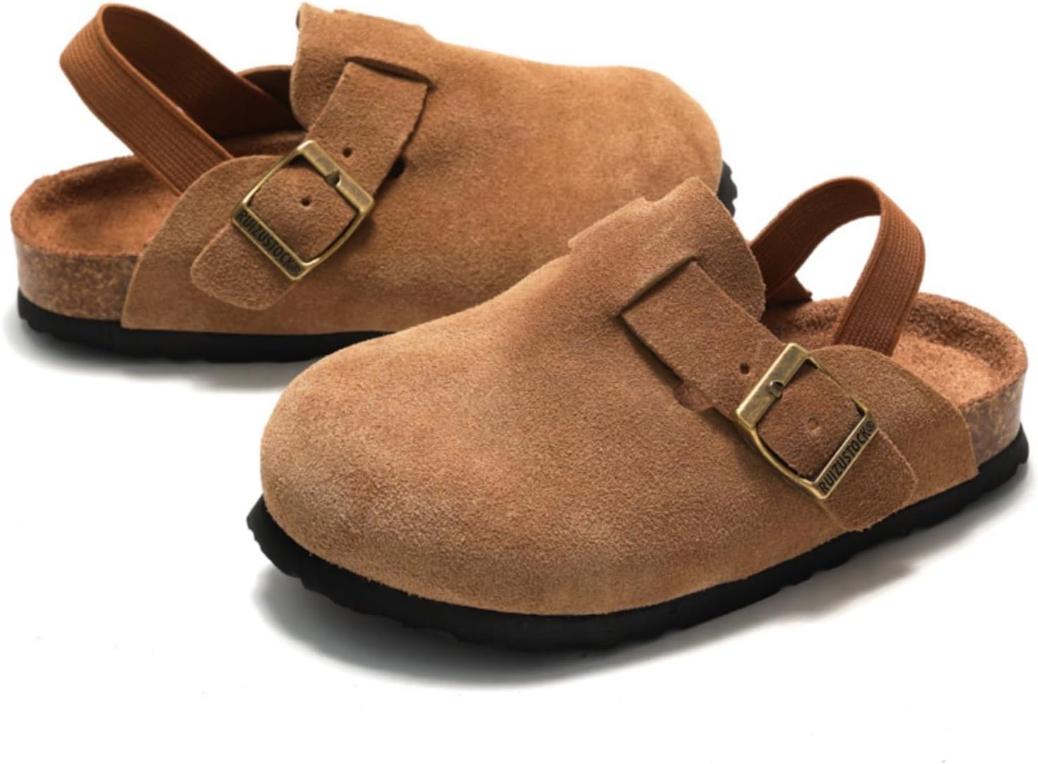 Boys Girls Suede Clogs Kids Toddler Clogs with Arch Support Adjustable Buckle Mules Cork Footbed Sandals Slip On Comfort Potato Shoes for Outdoor Indoor Brown