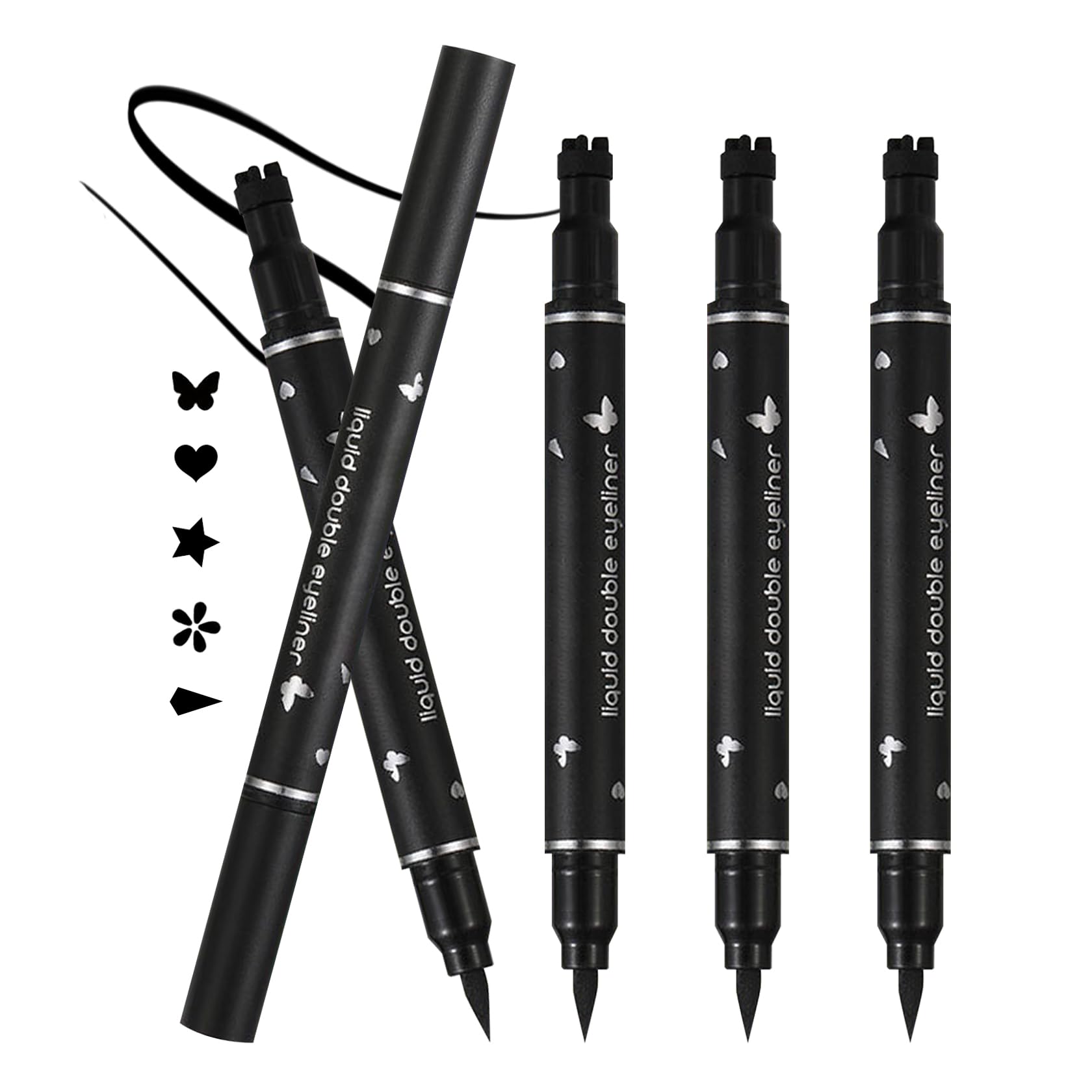 5PCS Waterproof Liquid Eyeliner Stamps,Black Stamp Eyeliner Pen,Double-Side Eye Liner Stamp,Smudge Proof Eye Liner Pen Star,Heart,Butterfly,Flower,Cone,Eye Face Stamp Tattoo Tools