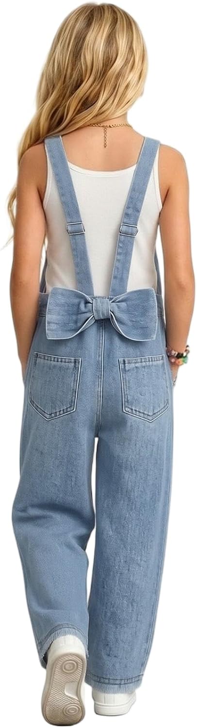 Toddler Girls Denim Overalls Cute Bowknot Wide Leg Jean Jumpsuit with Pockets Summer Casual Loose Adjustable Strap Jeans