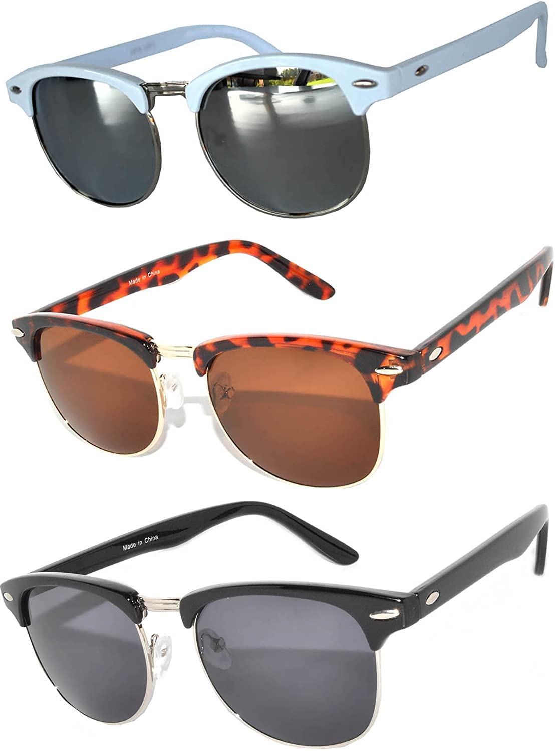 OWL 3 Pack Semi-Rimless Metal Plastic Sunglasses Womens Mens UV400 Protection Smoke, Tint, Mirror Lens Retro Sunglasses