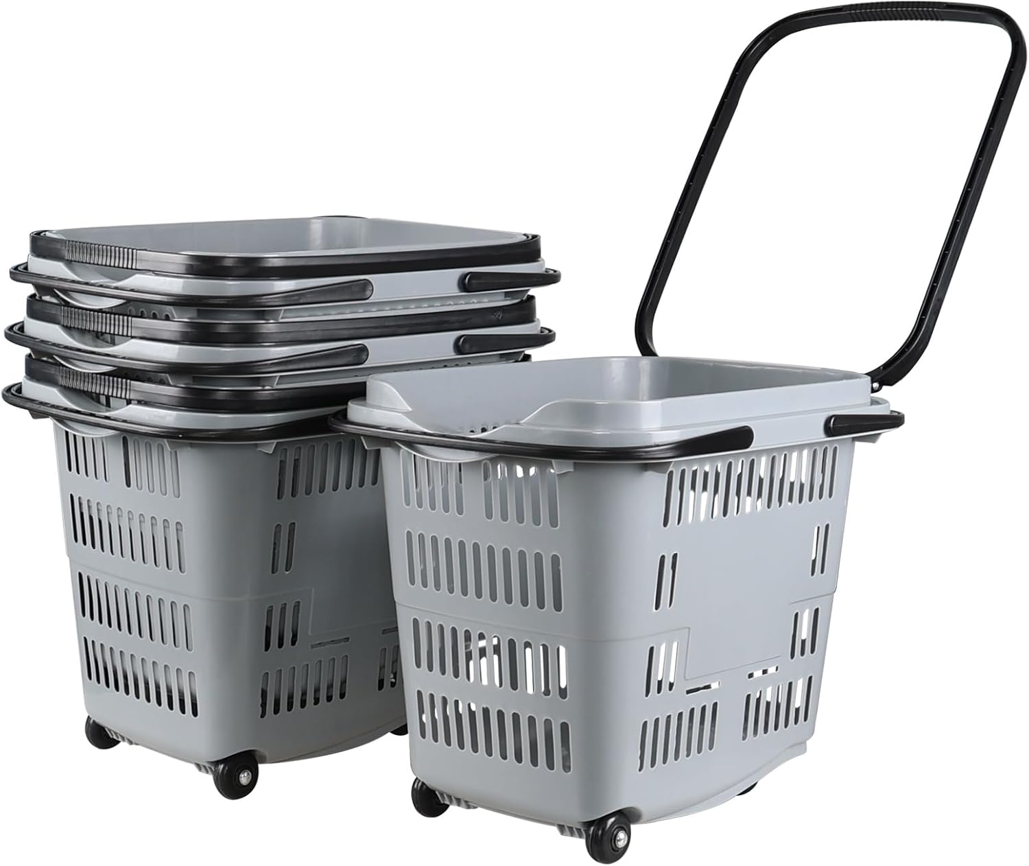 Plastic Shopping Baskets with Wheels, 50 L Large Rolling Basket for Groceries, 4 Pack, Gray