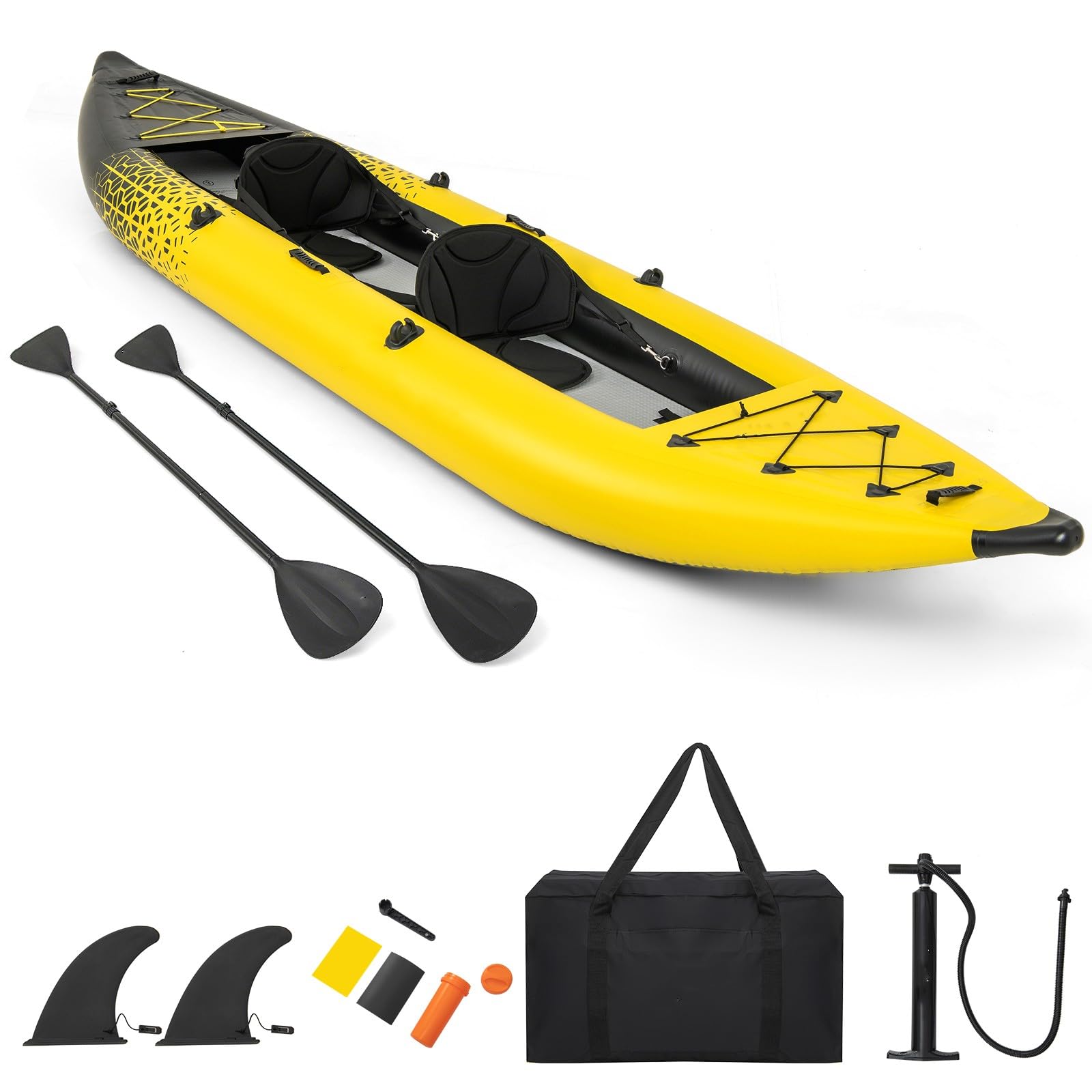 GYMAX Kayak Gonflable pour 2 Personnes, 2 Pagaies en Aluminium, Pompe à Main, 2 Ailerons, Sièges Rembourrés, Repose-Pieds Réglables, Capacité 230 Kg