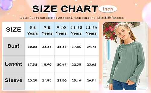 Saudacdn Girls Long Sleeve Ribbed Shirts Casual Knit Loose Round Neck Tee Puff Ruffle Drawstring T Shirt Blue #TOP5