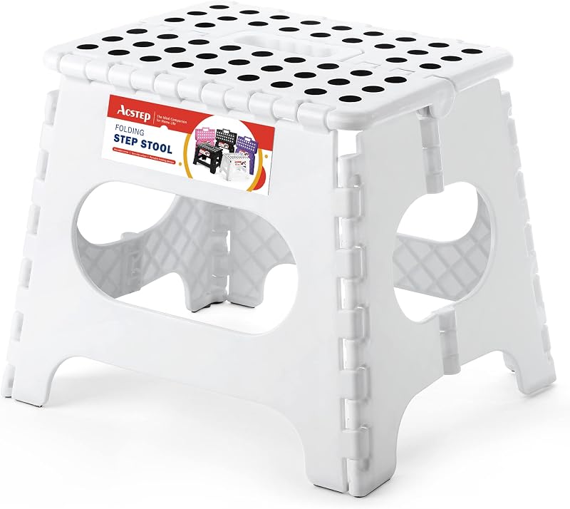 Taburete plegable de 11 pulgadas para niños, taburetes plegables antideslizantes, blanco | Taburete plegable resistente, ligero con asa integrada, soporta 300 libras para adultos, cocina, baño, dormitorio al aire libre
