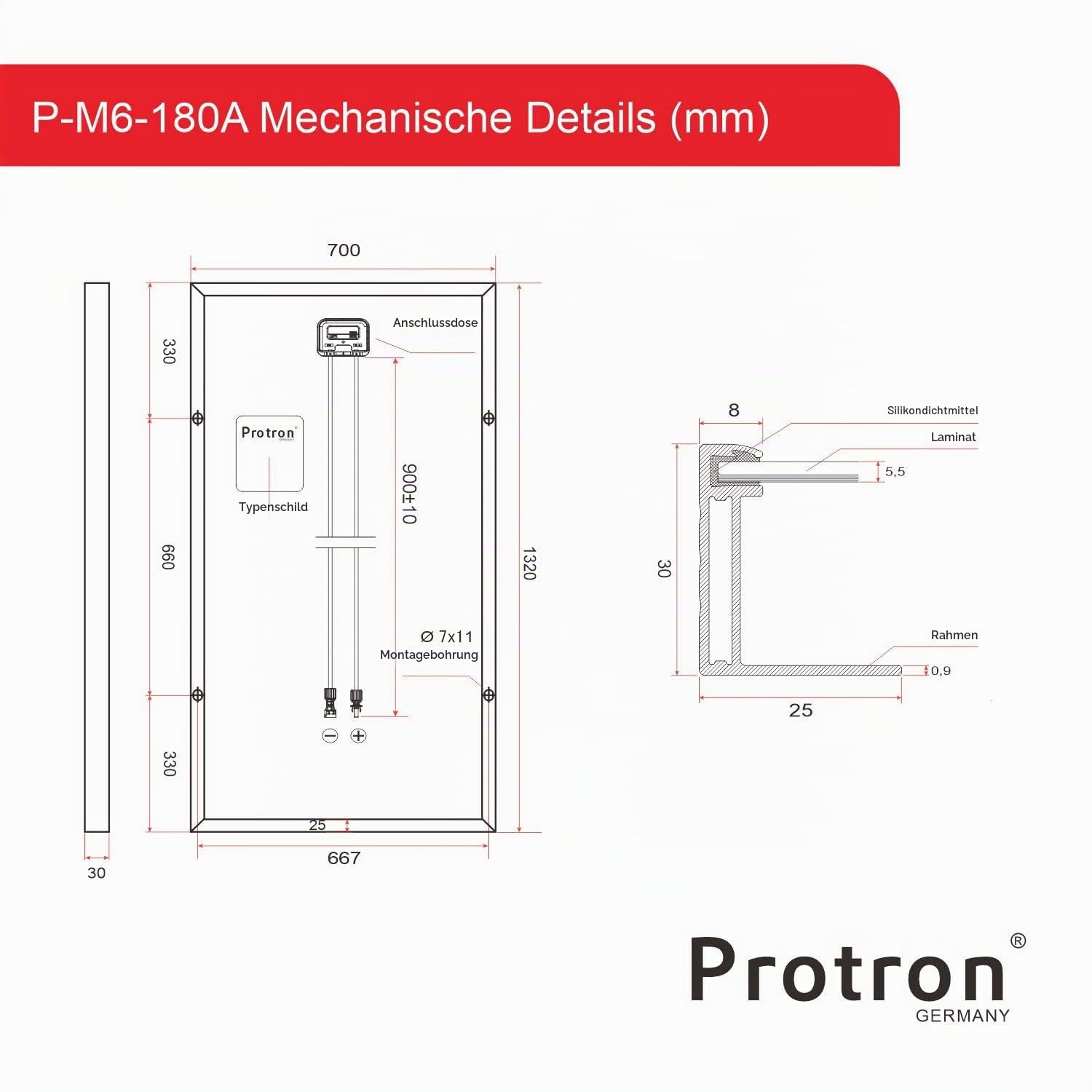 Protron Mono 180W Solarmodul Photovoltaik Monokristallin Solarpanel Solarzelle 180Watt Mono Solar 12V 18V für Wohnmobil, Garten, Boot (0% MwSt. gemäß §12 Abs. 3 UStG)