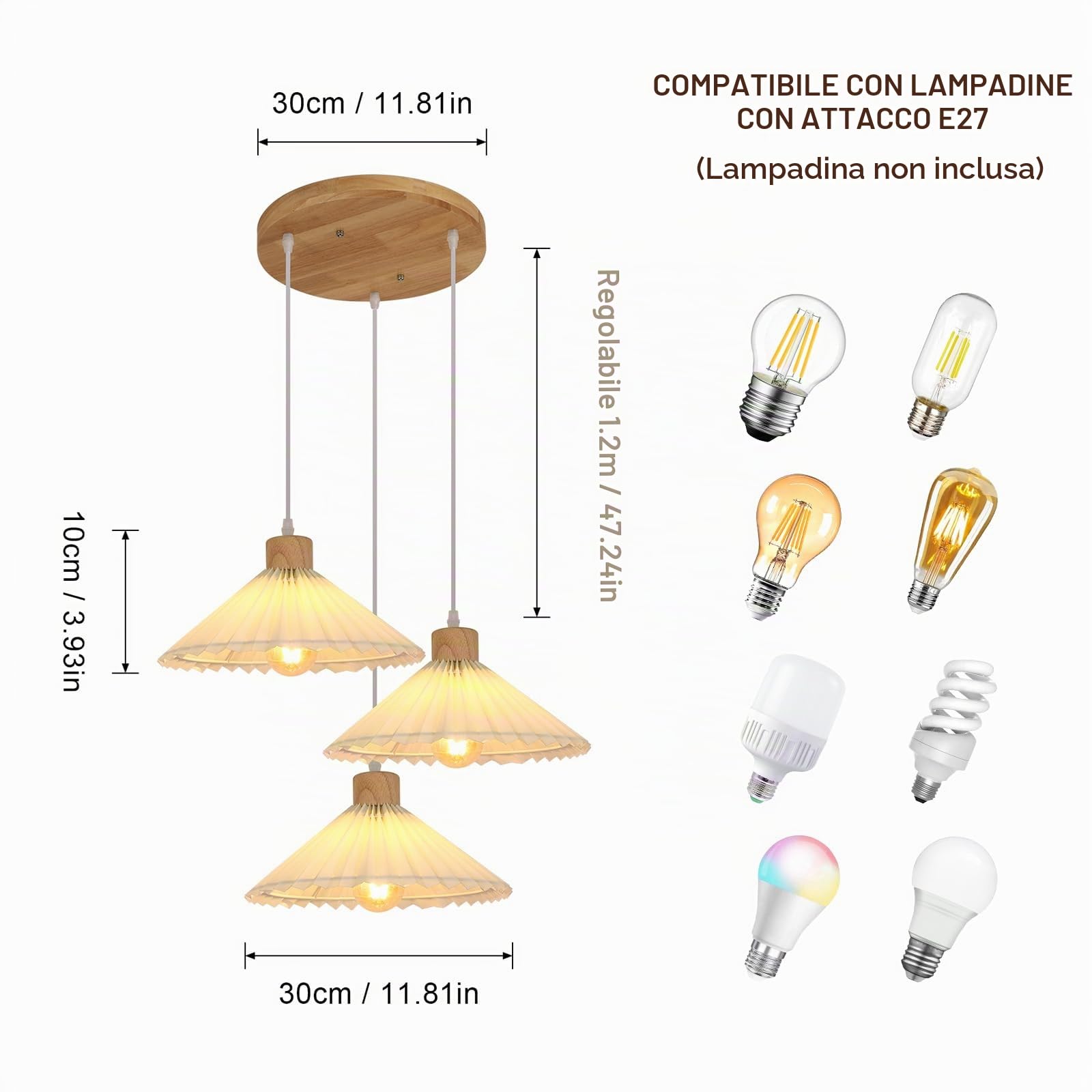 Goeco Lampada a Sospensione 3 Luci, Vintage Lampadario in Legno, Lampada a Sospensione con Paralume in Tessuto per Cucina, Soggiorno e Tavolo da Pranzo