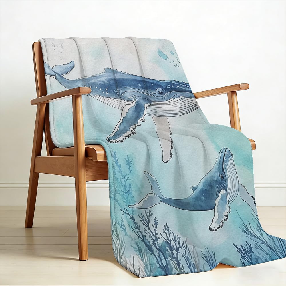 Whale Throw Blanket Flannel Soft Warm Cozy Lightweight Watercolor Ocean Coral Reef Blanket for Couch Sofa Bed Marine Life Home Decor Baby Kids Gift (59" x 70")