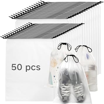 Coloch 50 Pack Translucent Shoes Bags with Drawstring, Portable Plastic Shoes Packing Pouch Waterproof Shoes Organizer Bag Multifunctional Bag for Shoes, Towel, Clothes, Toys, clear, Clear Shoe Bag
