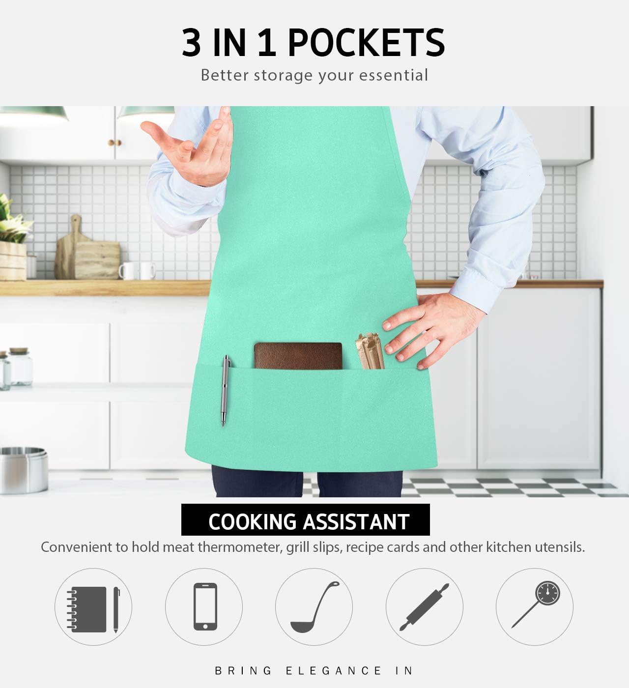 Syntus 2 Pack 3 Pockets Adjustable Bib Apron Thicker Version Waterproof with Extra Long Ties Cooking Kitchen Aprons for BBQ Drawing, Women Men,Chef, Light Green