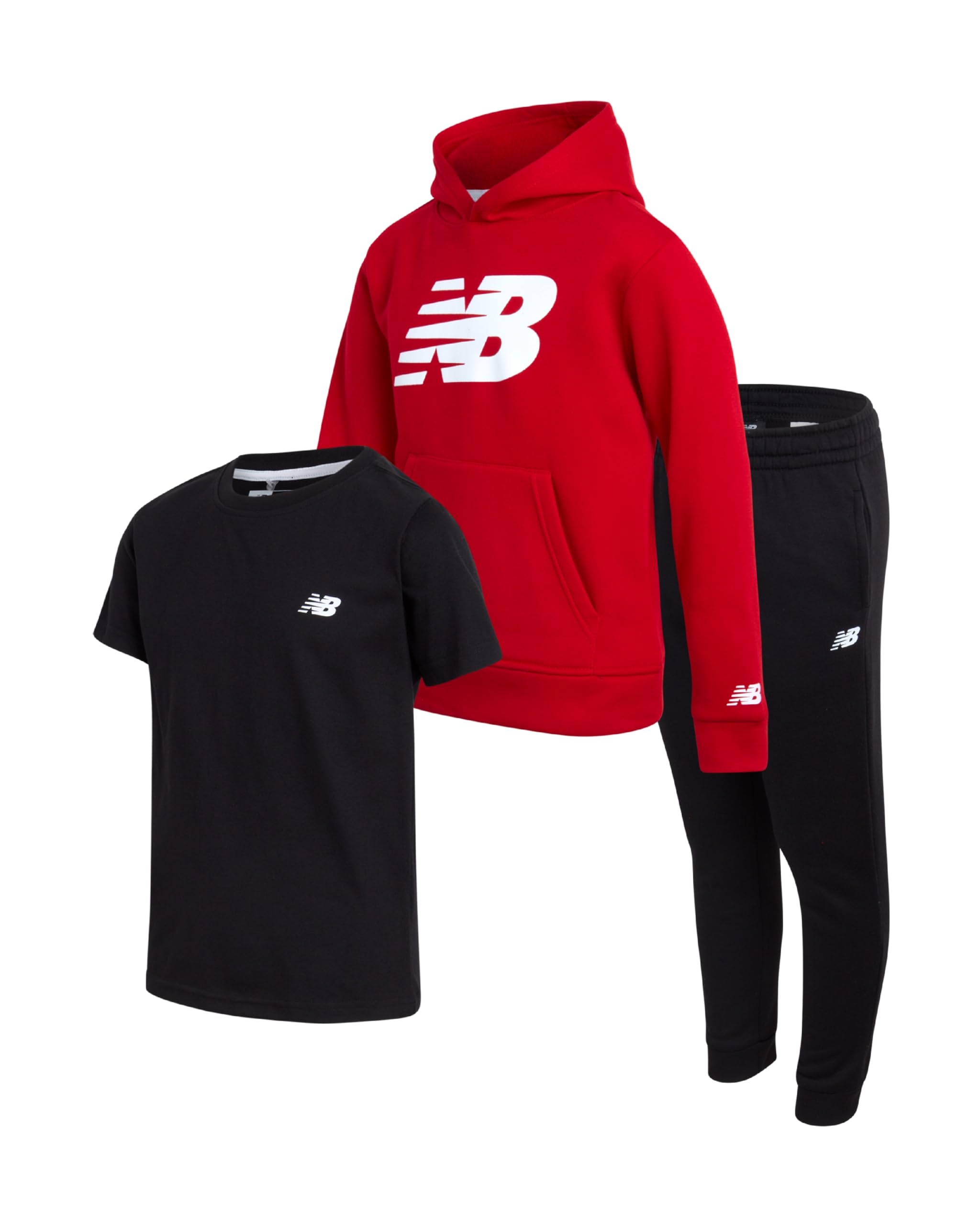 New Balance Set di 3 tutine per ragazzi a maniche corte, felpa con cappuccio in pile e pantaloni da jogging per ragazzi (4-16)