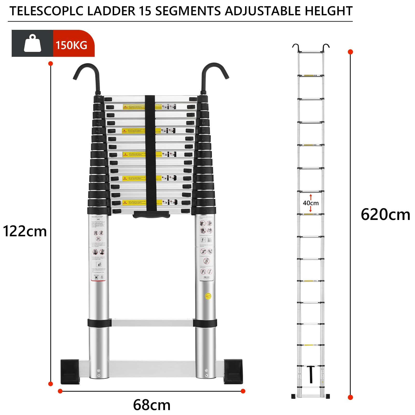 STANEW Escalera telescópica de 6,2 m de Aluminio, Plegable, reposabrazos extraíble, multifunción Portátil Plegable Extensible, Carga máxima de 150 kg
