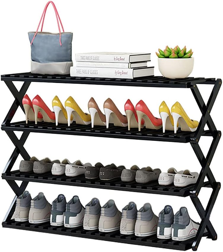 Shoe Rack Black Foldable Bamboo Shoe Stand for Entryway,Installation Free Shoe Shelf Space Saving Shoe Organizers and Storage-Black 70x25x113cm(28x10x44inch)