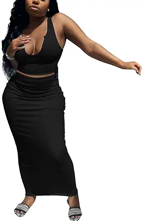 Adogirl Women's Sexy Summer Scoop Neck Ottoman Rib 2 Piece Outfit Bodycon Crop Tank Tops Long Maxi Skirt Set Club Dress