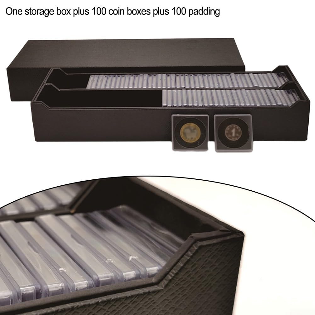 100 cápsulas transparentes para monedas, soporte para monedas, contenedor de almacenamiento de plástico, caja organizadora cuadrada de almacenamiento para suministros de colección de monedas (negro)