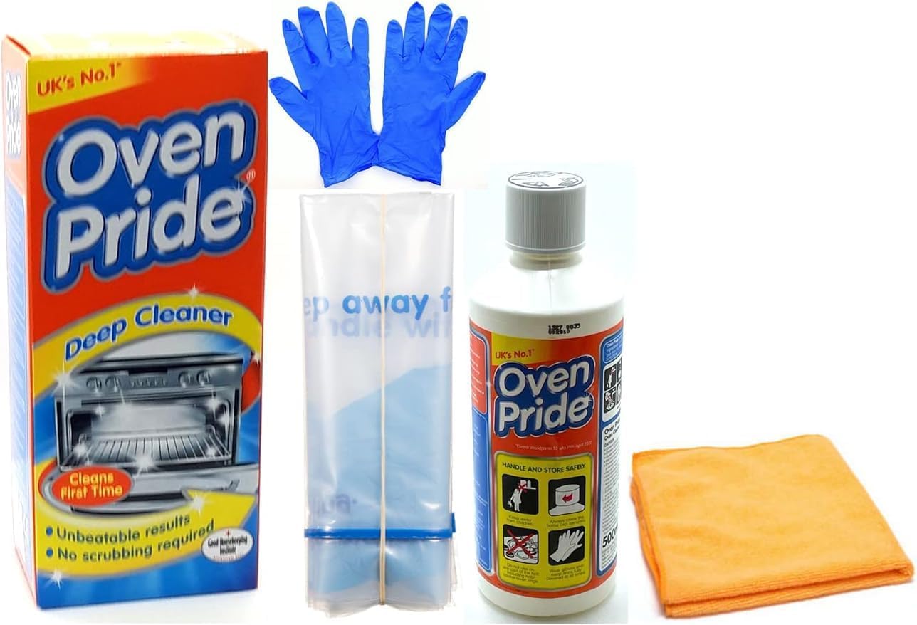 Oven Cleaner - 500 ML Bottle - Bags for Cleaning Oven Racks, Gloves and Instructions Included - Oven Pride Complete Oven Cleaning Kit with Ultra Absorbent Microfibre Cleaning Cloth