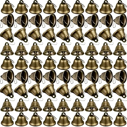 Shimeyao 100 Pieces Bronze Bells 1.5 x 1.57 Inch Vintage Small Bells with Spring Hooks for Craft Wind Chimes Dog Potty Training Doorbell Wedding Decor Craft Making Hanging Favor
