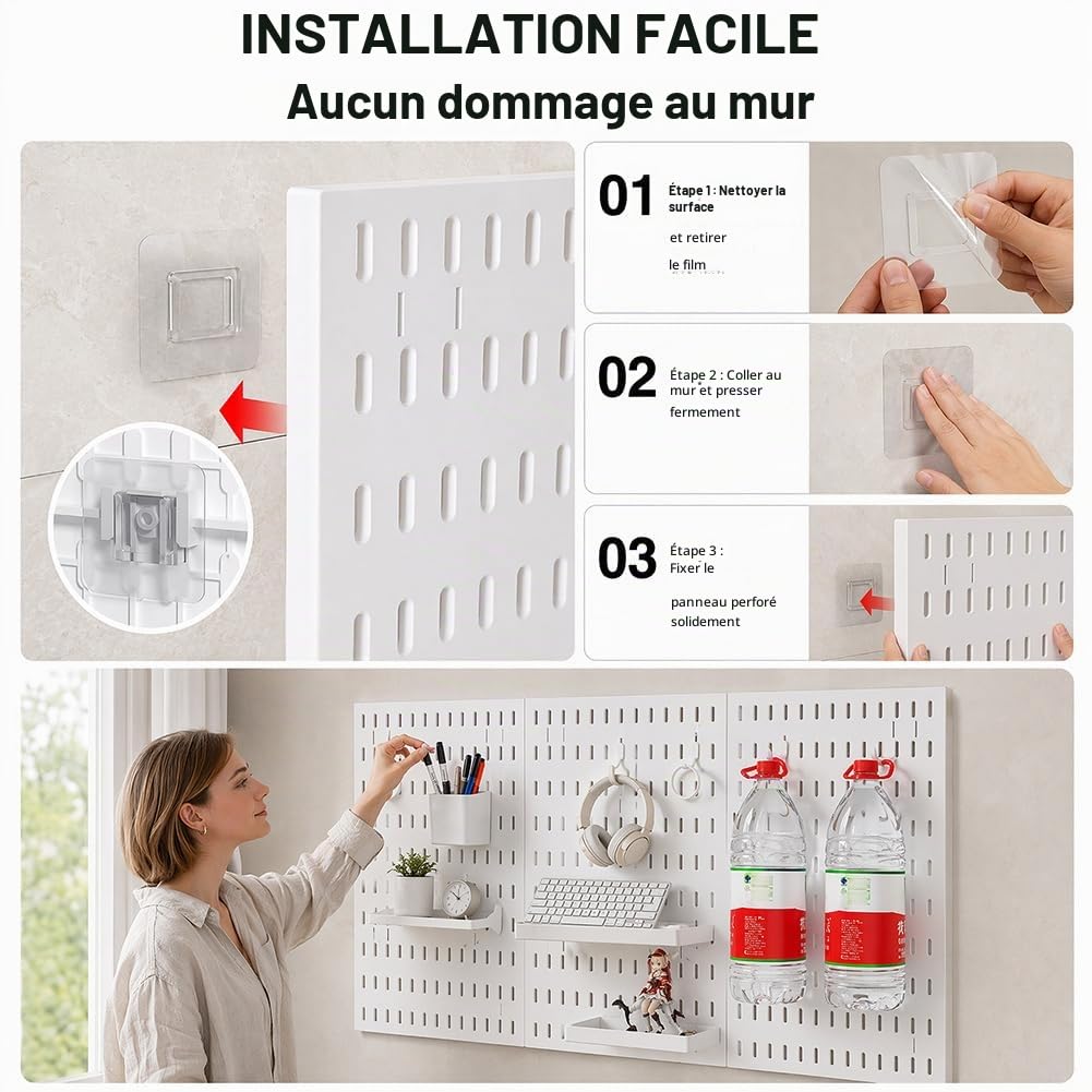 Lot de 4 tableaux perforés (30 x 30 cm) + 20 accessoires pour le rangement de la pièce, la décoration et l'organisation, installation facile et combinaison libre