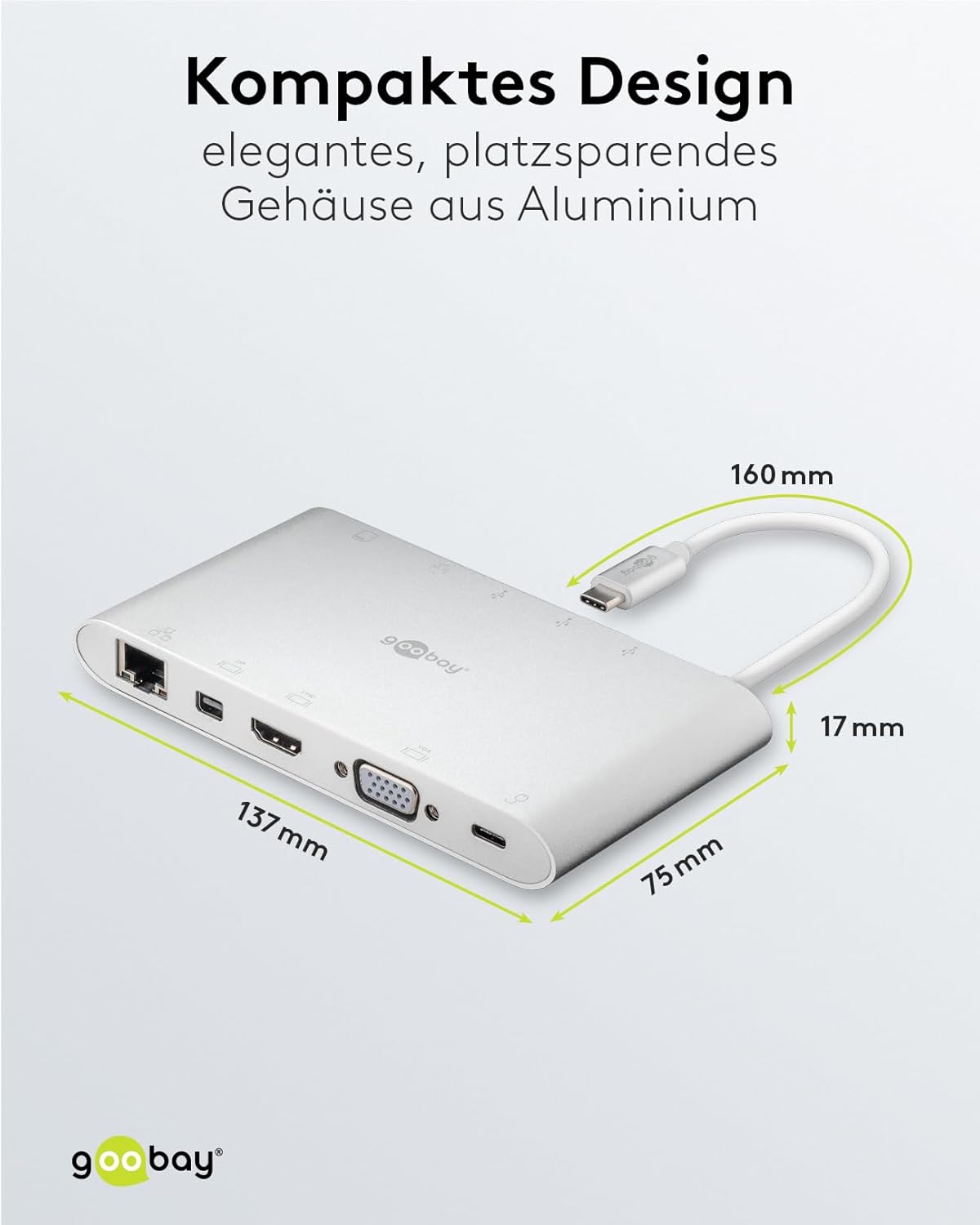 62113 USB-C Multiport Adapter All in 1 Aluminium, Silver, Extends a USB-C Device by One Ethernet, One HDMI, One VGA, One Mini DisplayPort, 3 USB-A 3.0 Ports