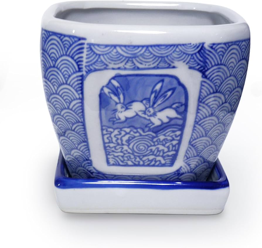 大型　陶器鉢　数連鉢　和風　うさぎ柄　アンティーク Amazon.co.jp: 植木鉢 陶器 おしゃれ 和風 室内 皿付き 正方角切鉢 2点