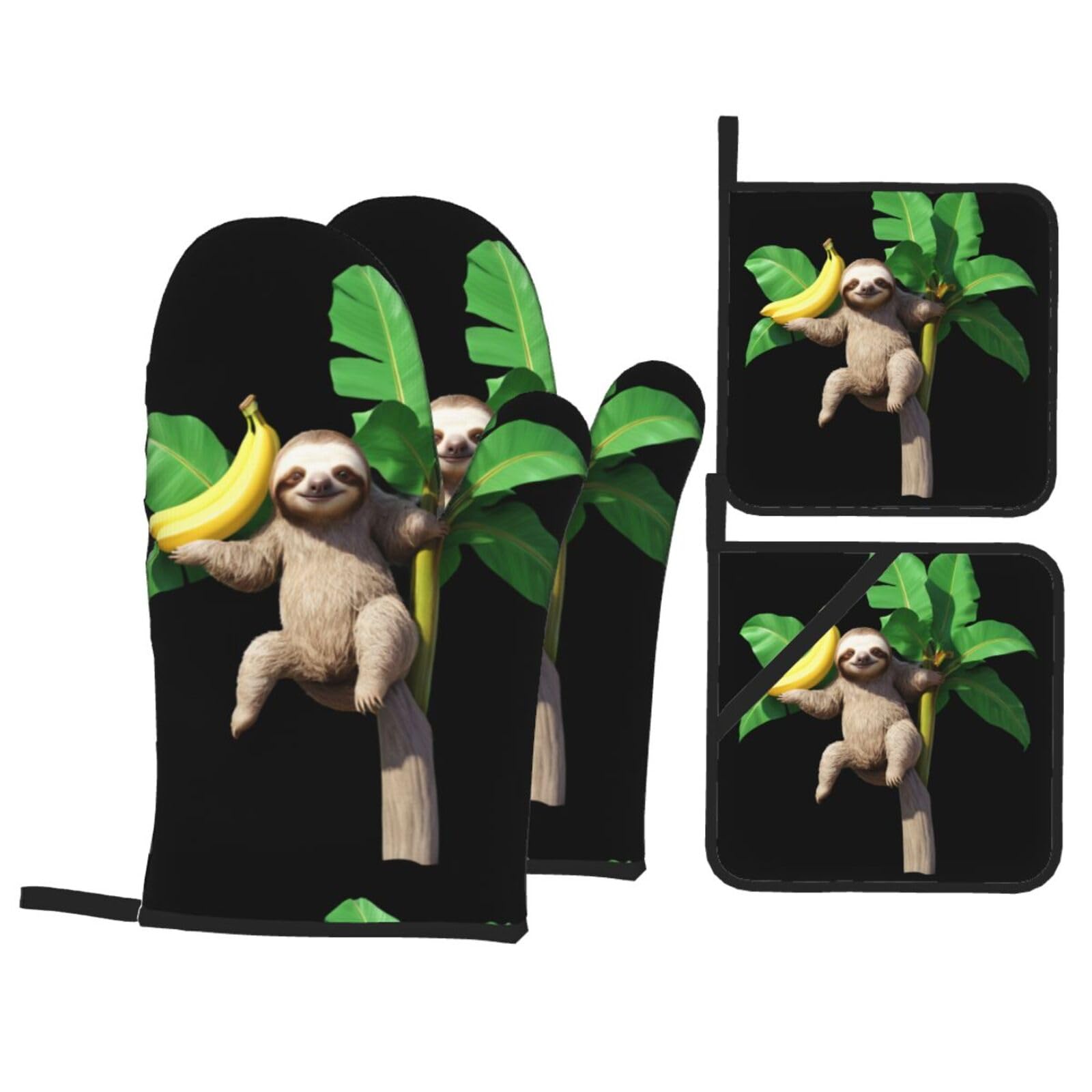 YYHWHJDE Sloth on Banana Tree Printed Kitchen Baking Set of 4 Thick Insulated Oven Mitt & Pot Holders, Anti-Scalding for Microwave, Oven, Outdoor BBQ