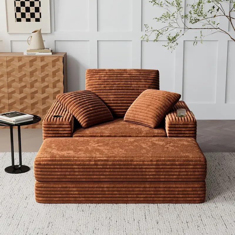 Cozy 3-in-1 Plush Corduroy Sofa Set – Convertible Chaise Lounge with Movable Ottoman & Pillows, Soft Sleeper for Living Room or Bedroom – Available in Caramel, Cream, or Grey (Sophisticated Grey)