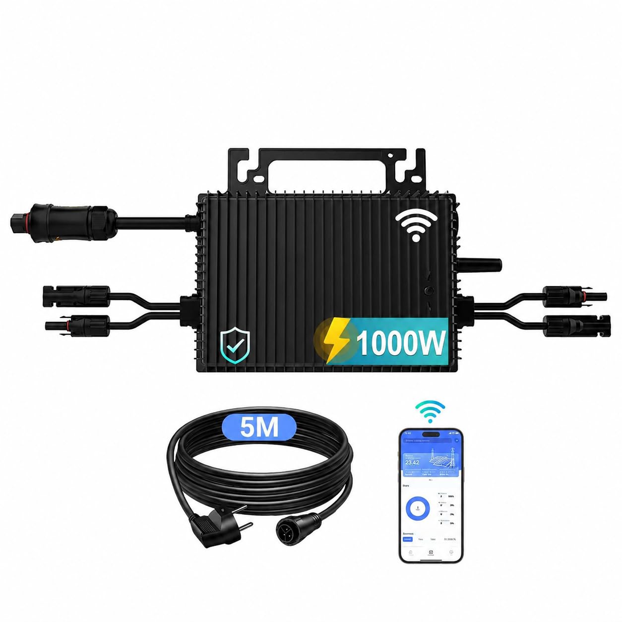 Mikro Wechselrichter 1000W mit 2 MPPT, Balkonkraftwerk，IP67，WLAN | Plug & Play mit 5 m AC-Kabel, bis zu 96 % Wirkungsgrad und App-Steuerung