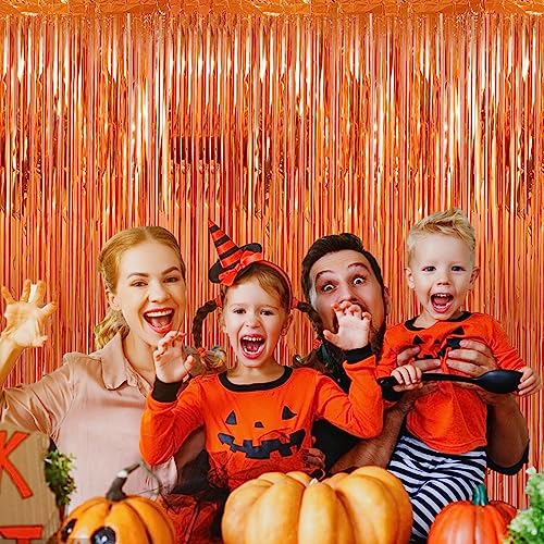Image of 2 Pack 3.28 ft x 6.56 ft Orange Tinsel Curtain Party Backdrop Decorations, Metallic Foil Fringe Backdrop Door for Halloween, Christmas, Birthday Graduation Wedding Party Streamers Photo Backdrop.