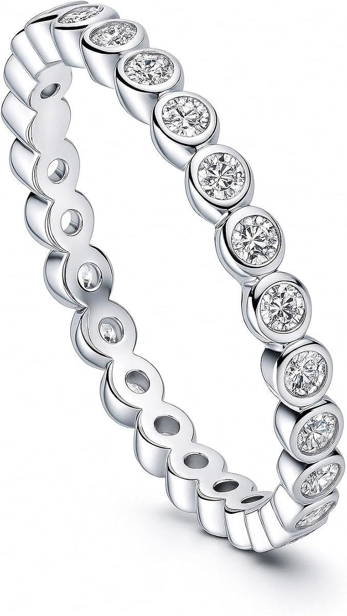 Sterling Silver CZ Bubble Wedding Bridal Rings for Women, Bezel Set Round Cut Cubic Zirconia, Eternity Band in Milgrain/Classic Design, Yellow Gold/Rhodium Plated