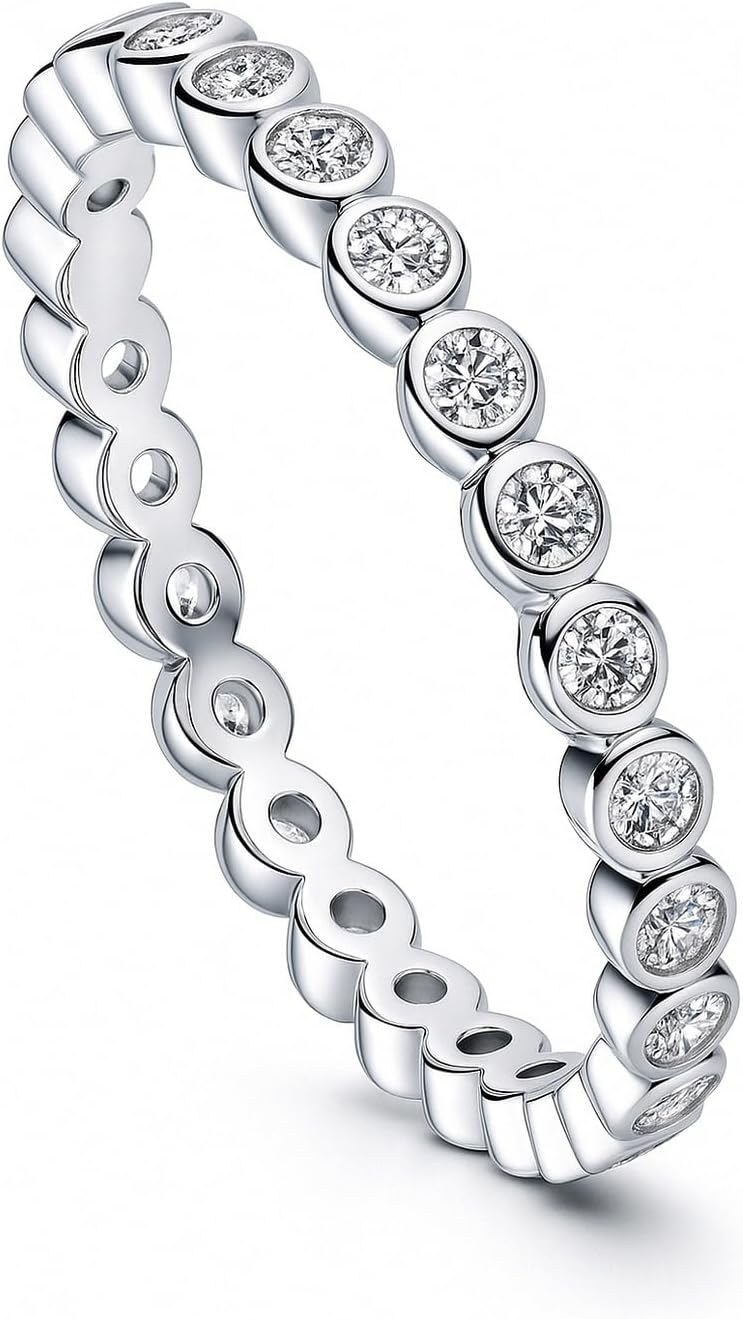BERRICLE Sterling Silver CZ Bubble Wedding Bridal Rings for Women, Bezel Set Round Cut Cubic Zirconia, Eternity Band in Milgrain/Classic Design, Yellow Gold/Rhodium Plated