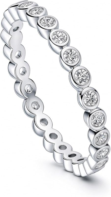 Sterling Silver CZ Bubble Wedding Bridal Rings for Women, Bezel Set Round Cut Cubic Zirconia, Eternity Band in Milgrain/Classic Design, Yellow Gold/Rhodium Plated