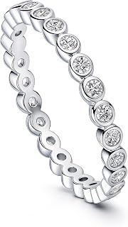 Sterling Silver CZ Bubble Wedding Bridal Rings for Women, Bezel Set Round Cut Cubic Zirconia, Eternity Band in Milgrain/Classic Design, Yellow Gold/Rhodium Plated
