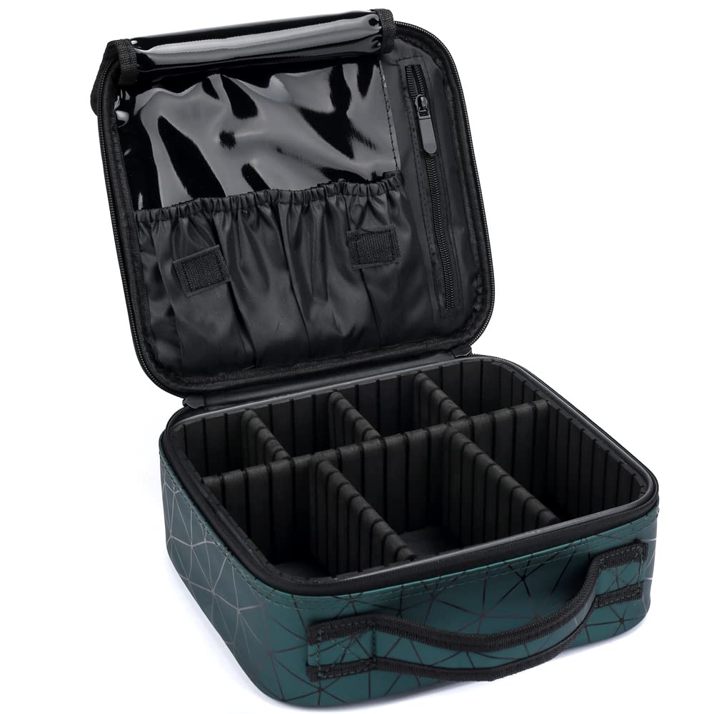 INOVERA (LABEL) Faux Leather Makeup Organizer Bag for Women, Girls & Bride - Travel Cosmetic Kit Storage Organiser - Toiletry Vanity Box with Adjustable Compartment (Green Diamond)