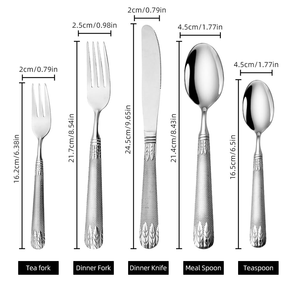 lyrlody Service de Couverts, Service de Table 20/40 Pièces en Acier Inoxydable avec Motif épis de blé, Service de Couverts pour Mariage à la Maison, à L'hôtel, Passe au (Argent)