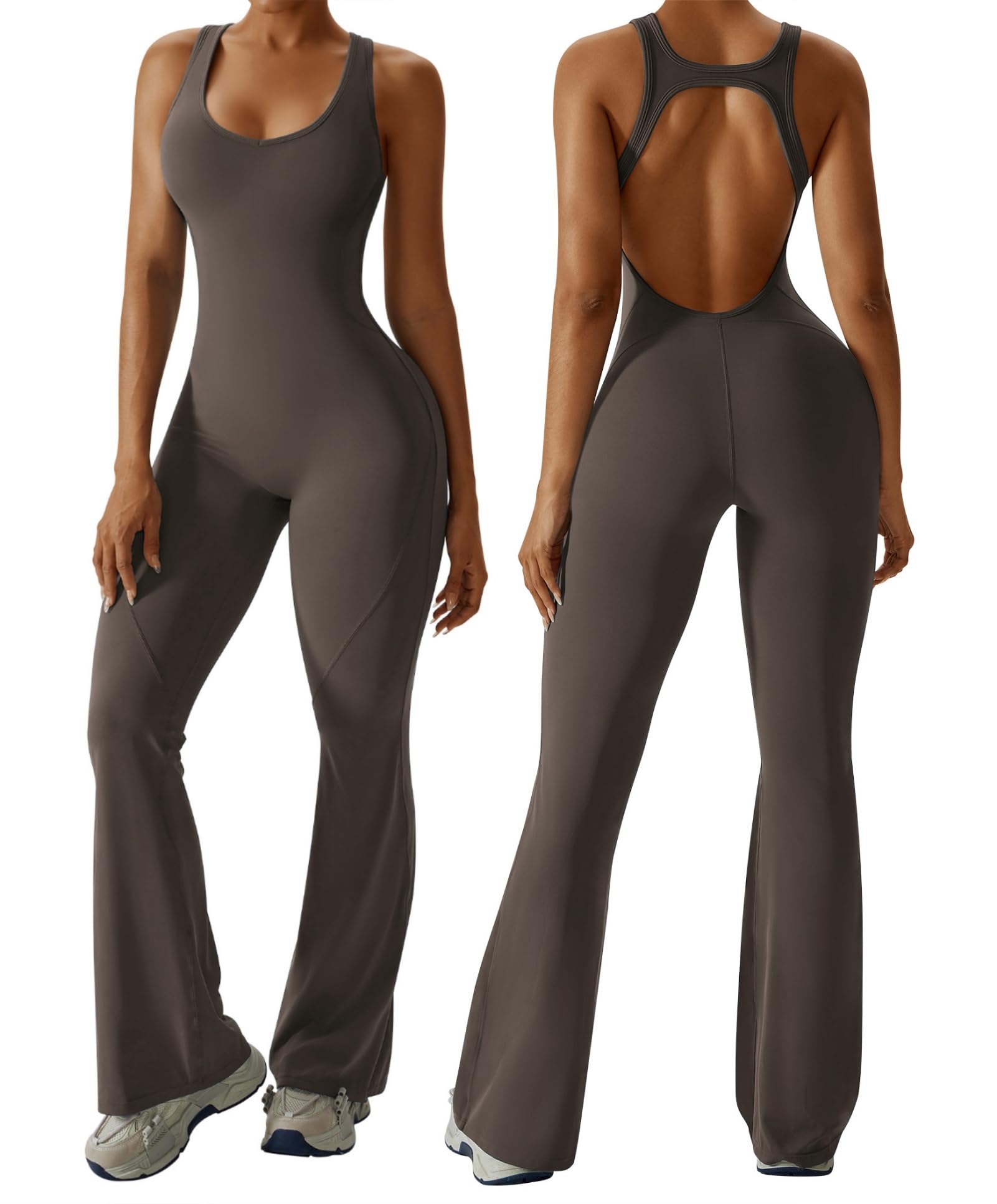 Photo 1 of size small OEAK Womens Flare Jumpsuit Tummy Control Cutout Rompers Workout Outfits Sleeveless Unitard Seamless One Piece Backless Bodycon Brown S