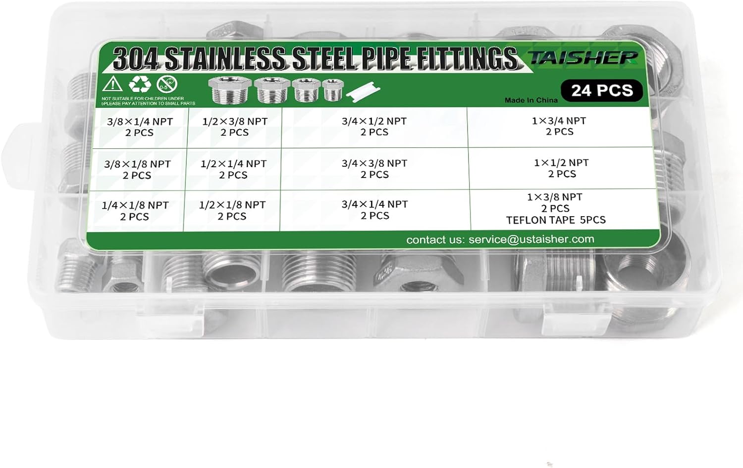 TAISHER 24PCS 304 Stainless Steel Reducer Hex Bushing Fitting Kit，Thread Pipe Adapter Fitting