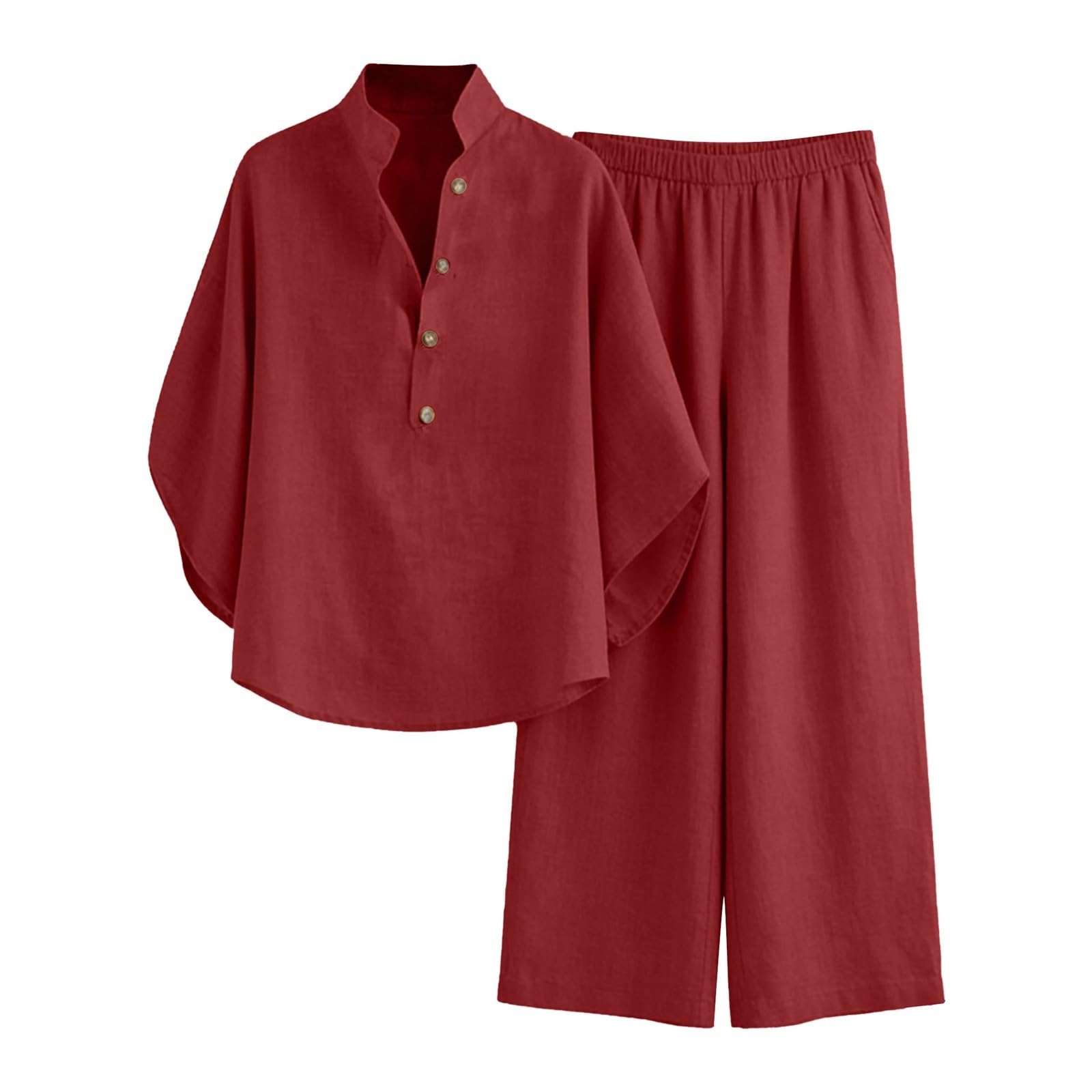 Summer Co Ord Ensembles 2 pièces en coton et lin avec col en V et manches 3/4 Pantalon large avec poche