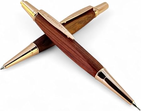LACHIEVA LUX TriCraft Rosewood Pen and Pencil Set Triangular Grip Ballpoint Pen & 0.7mm Mechanical Pencil, Rose Gold Trim Writing Set with Refills, Lead and Gift Box for Men and Women