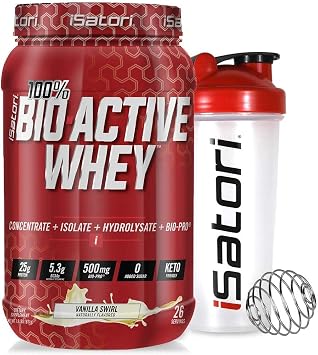 iSatori Bio-Active Whey Protein Powder - Vanilla Swirl 30 Servings & iSatori Classic Blender Bottle Clear Bottle with Red Top
