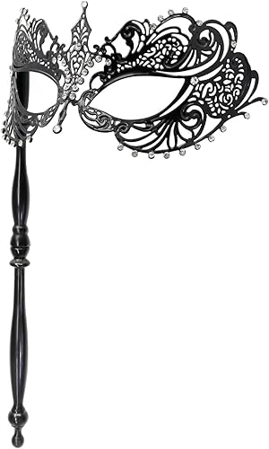 Miniatura 8 de Thmyo Máscara veneciana de fiesta de Mardi Gras de Halloween con palo de sujeción, máscara de mano con plumas de metal y diamantes de imitación