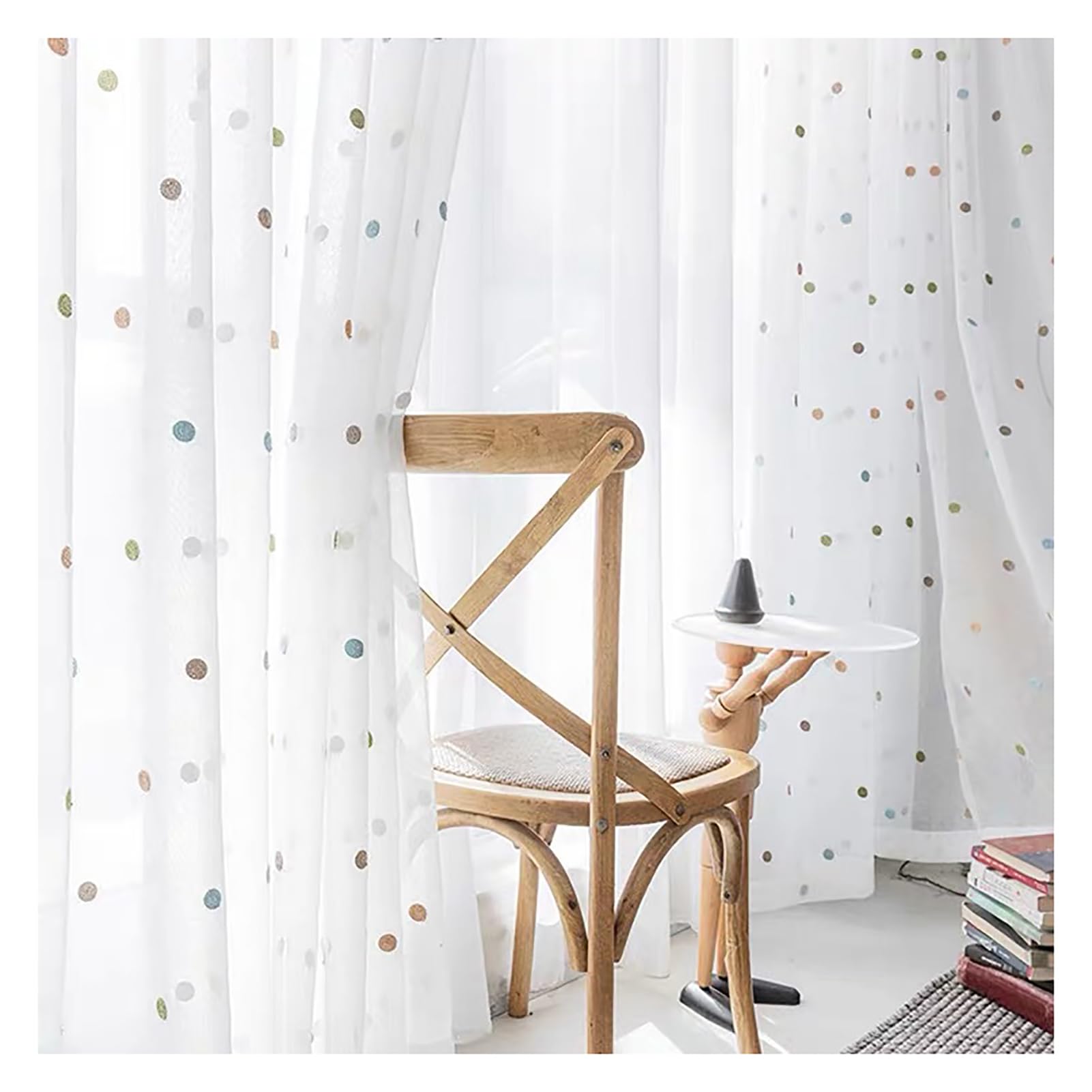 Bunt Punkte Transparent Gardinen, Stickerei Kinderzimmer Voile Vorhang Mit Ösen/Haken 2 Stück Für Wohnzimmer Schlafzimmer, W135xL244cm, Eyelet