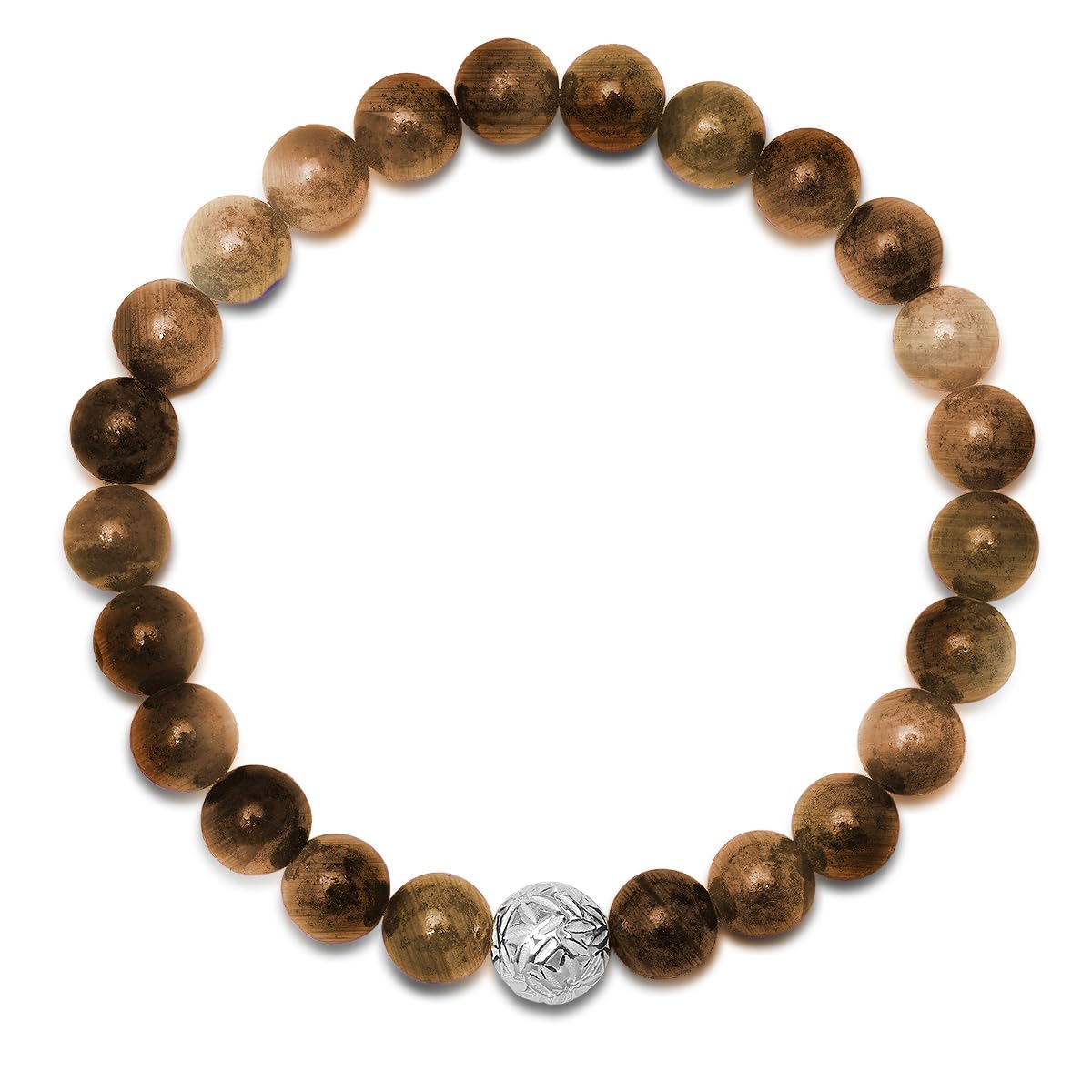 Amazon Essentials Men's Silver And Brown Tiger Eye Beads And Sterling Silver Bead Stretch Bracelet