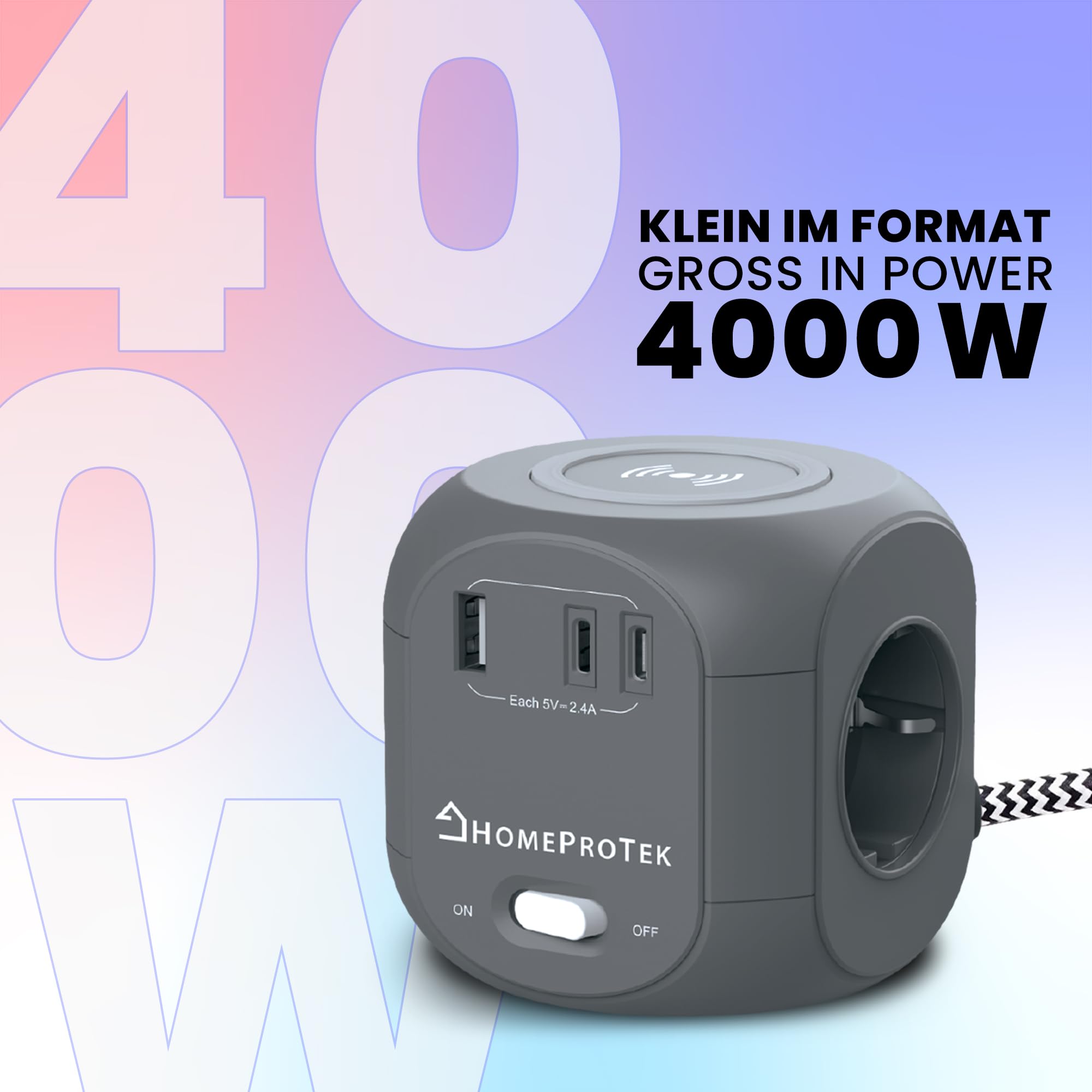 HomeProtek Steckdosenwürfel 3-Fach, USB-A, 2 USB-C, Grau, Kabelloses Laden | Steckdosenwürfel Mit USB, Kabellosem Ladegerät Und Schalter; Kompakter Mehrfachstecker Für Schreibtisch, Büro Und Zuhause