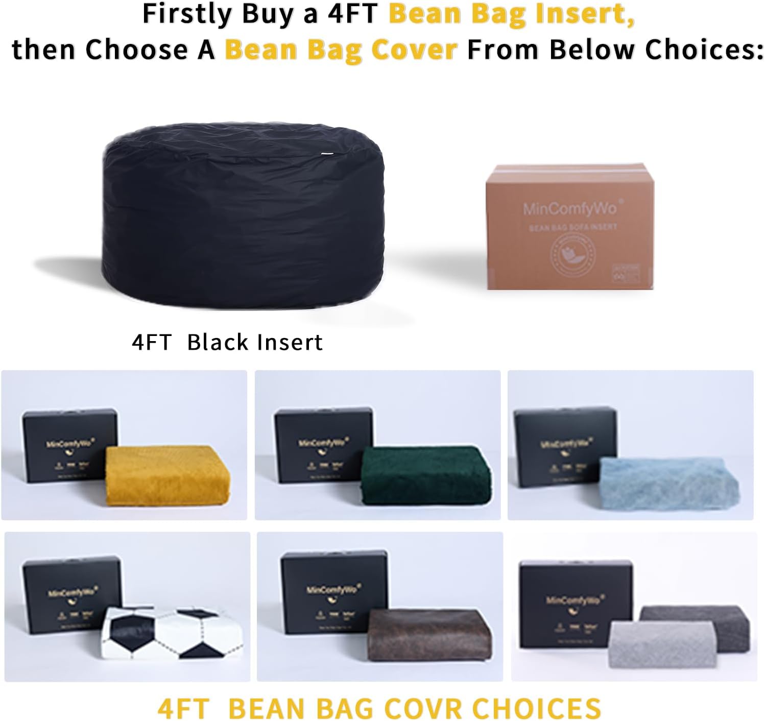 4FT Bean Bag Chair for Adults, Oversized Bean Bag Sofa, Soft Supportive Bean Bags with Durable Removable Cover for Living Room, Bedroom, Gaming Room, Kids & Teens-Black Insert