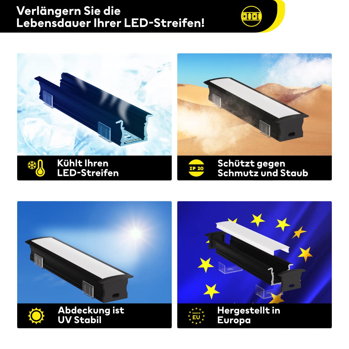Profilo in alluminio a LED nero, 200 cm, profilo da incasso, copertura opale, per strisce LED da 12 mm, principale