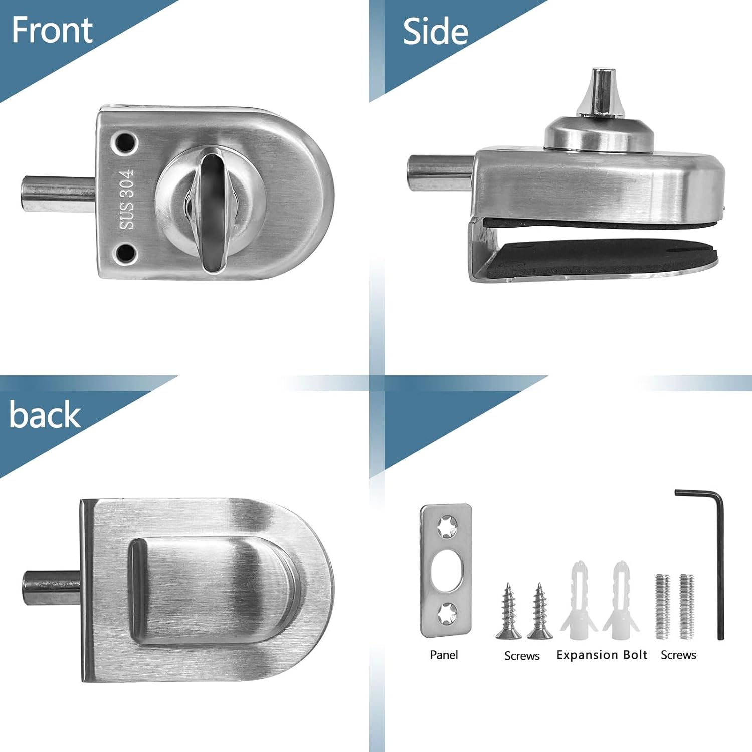 Generic Stainless Steel Glass Door Lock B105 Silver, Deadbolt, No Drill, Anti-Corrosion, Bathroom Toilet Shop Glass Doors, Front Door, Patio Door Model B105 Silver