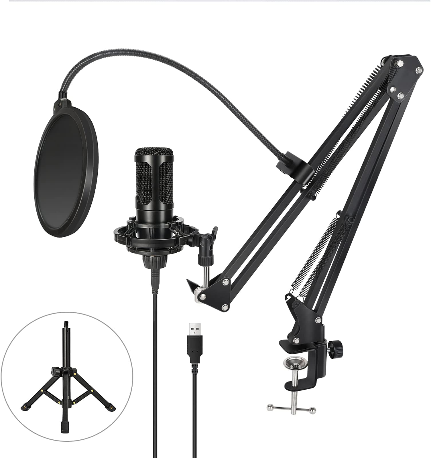 USB Podcasting Microphone Kit, Professional Condenser Computer Cardioid Mic 192KHZ/24Bit with Boom Arm Shock Mount and Tripod for Recording, Streaming, Gaming, etc.