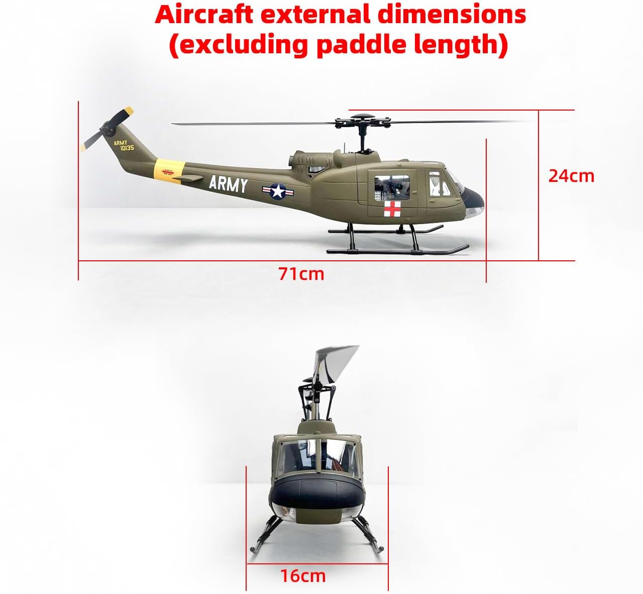 Diagram showing external dimensions of the Roban RTF 450 Size UH-1D RC Helicopter