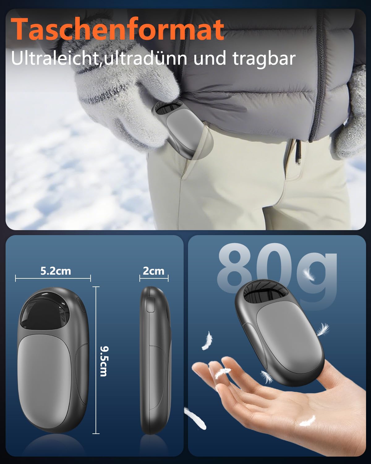 DDKJ Handwärmer Elektrisch Magnetisch - 2er Pack Beidseitig Taschenwärmer Aufladbar，LED-Display & 3 Heizstufen Hand Warmers, Klein Wiederverwendbar Hand Wärmer für Kinder Männer Frauen - Schwarz