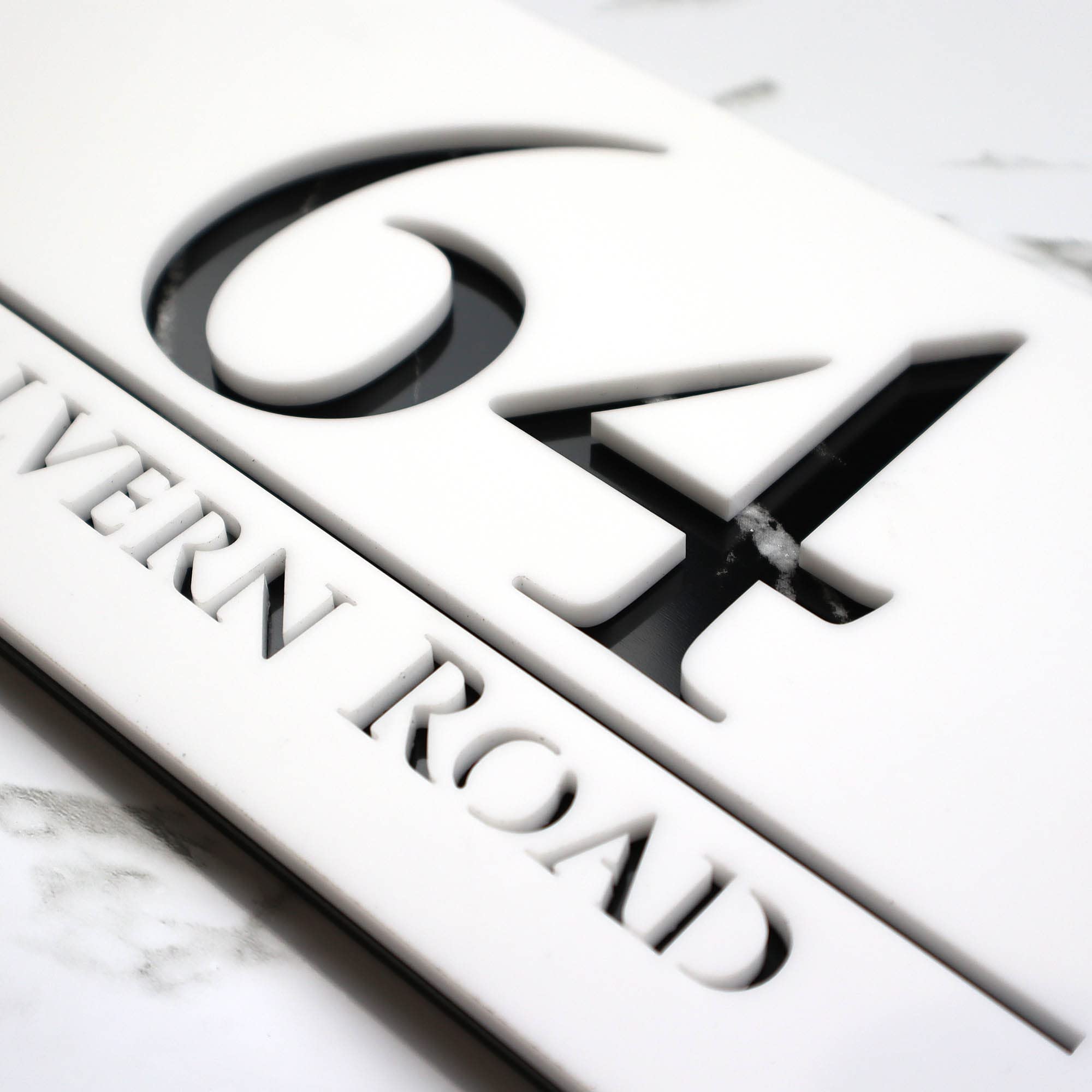K Smart Sign | Bellissima H3 F32 | Laser Cut Matt White & Mirror Finished House Sign Plaques Address Door Number Personalised Signs Numbers Plaque | 300mm x 160mm (Matt White & Black Marble Effect)