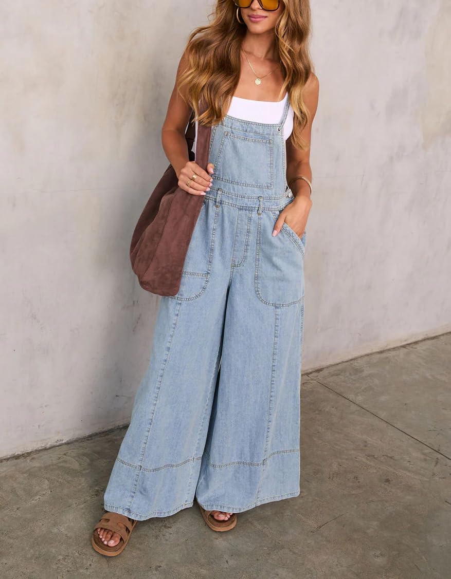 chouyatou Women Spaghetti Strap Wide Leg Denim Bib Overalls Jeans Casual Distressed Baggy Denim Jumpsuit